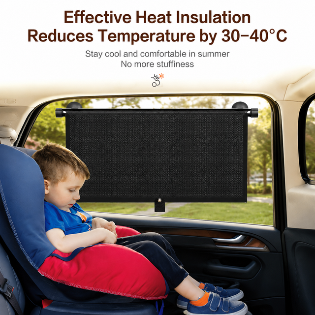 1 Pair Retractable Car Side Window Sun Shade (45 x 50CM) - 6 Layer Vinyl Insulation Reflective Roller Blinds, One Click Auto Rewind, One-Way Privacy, Universal Suction Cup & Velcro Fit