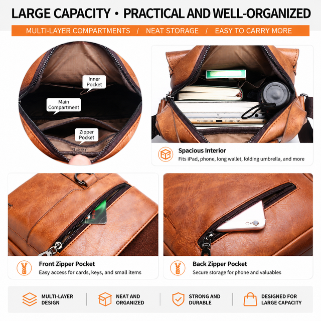 4PCS Brown Retro Business Casual Bag Set with Soft PU Leather Messenger Bag, Handbag, Long & Short Wallet - Large Capacity Multi Compartments and Structured Shape for 8