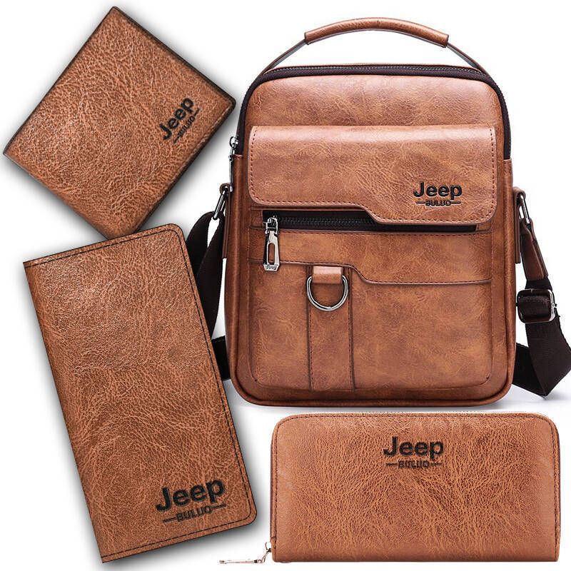 4PCS Khaki Retro Business Casual Bag Set with Soft PU Leather Messenger Bag, Handbag, Long & Short Wallet - Large Capacity Multi Compartments and Structured Shape for 8