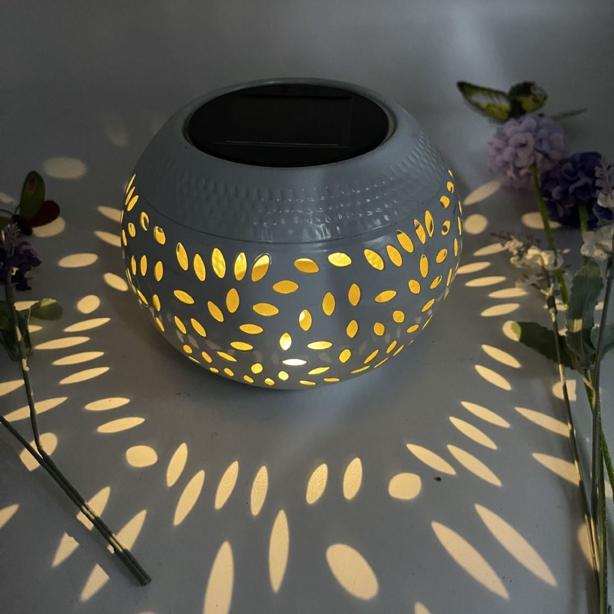 Black Durable Iron Solar Powered Garden Light with Cut-Out Flower Deco - LED Oval Shaped Lantern, IP44 Weather Resistant, Decorative Lighting for Indoor Patio Balcony and Courtyard
