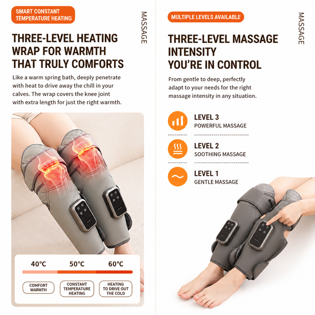 Light Grey Airbag Leg Massager with 3 Intensities and 3 Graphene Heat Modes  - Rechargeable Calf and Knee Extended Wrap, Touch Display, 3 Adjustable Strap for Single Leg Wrap-around Fastening
