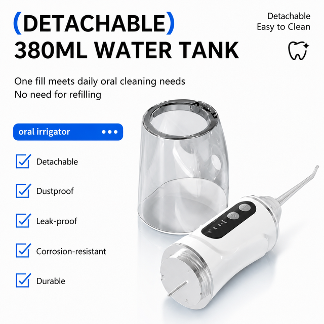 Black Rechargeable Water Flosser Oral Irrigator with 3 Pressure Modes & 4 Nozzles - 380ml Detachable Tank, Type-C Charging, 0.6MM Fine Water Flow and 1600 Pulses Per Minute