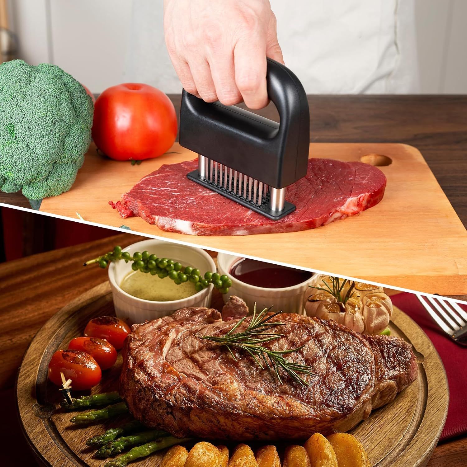 Stainless Steel Meat Tenderizer Tool - Heavy Duty 48 Needle Spring Loaded Tenderiser with Safe Baffle and Handle for Steak Beef Pressing and Everyday Kitchen Prep