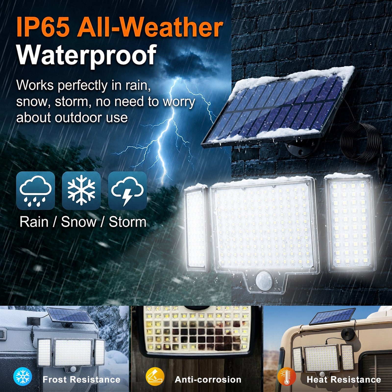 210 LED Outdoor Wall Light Integrated Solar Panel and 3 Sensor Modes (2 Pack), 3 Head Adjustable LED Security Light, IP65 All Weather Waterproof Remote Control Garden Lamp