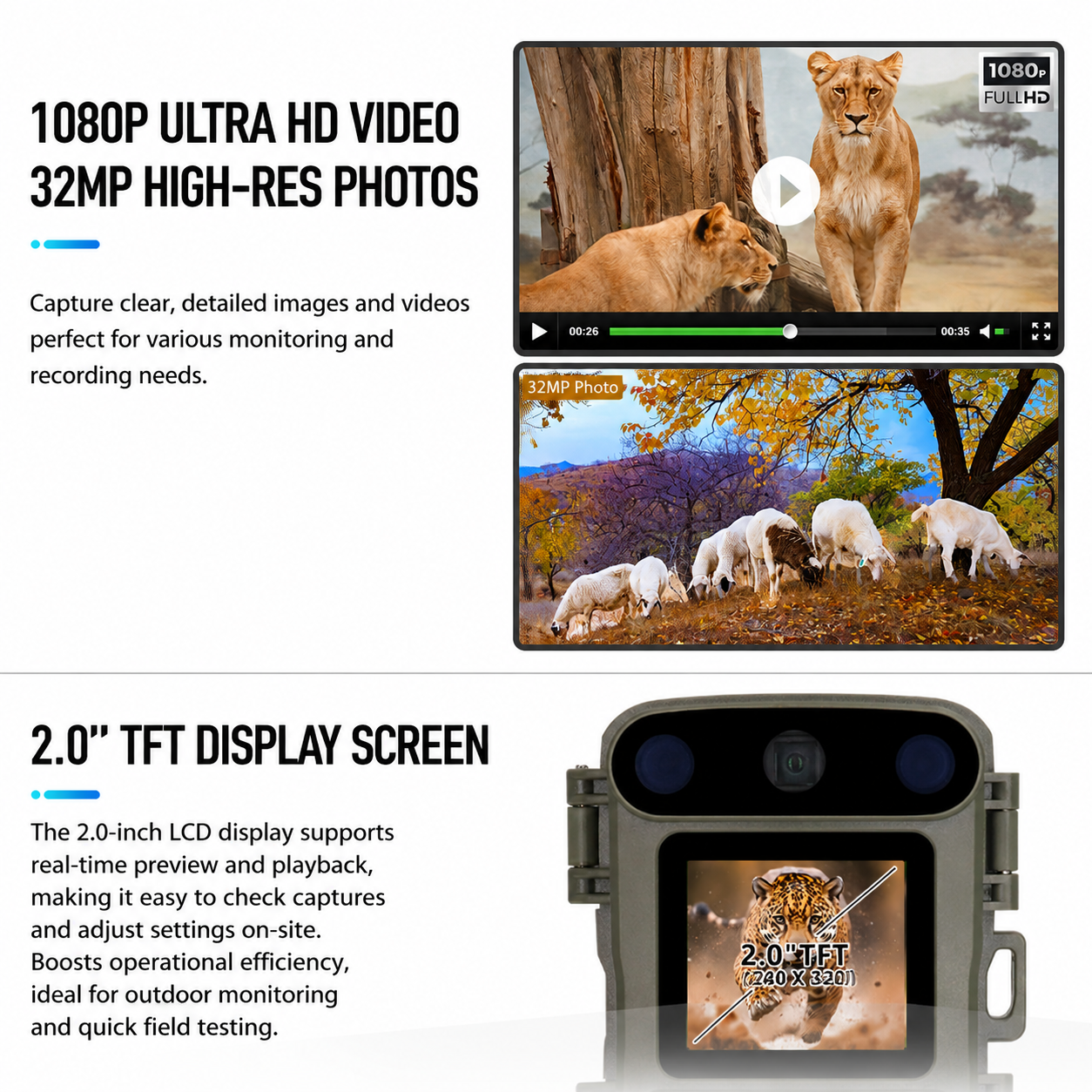 32MP 1080P Infrared Night Vision Scouting Camera, IP66 Waterproof Outdoor Wildlife Sensor Camera with 2
