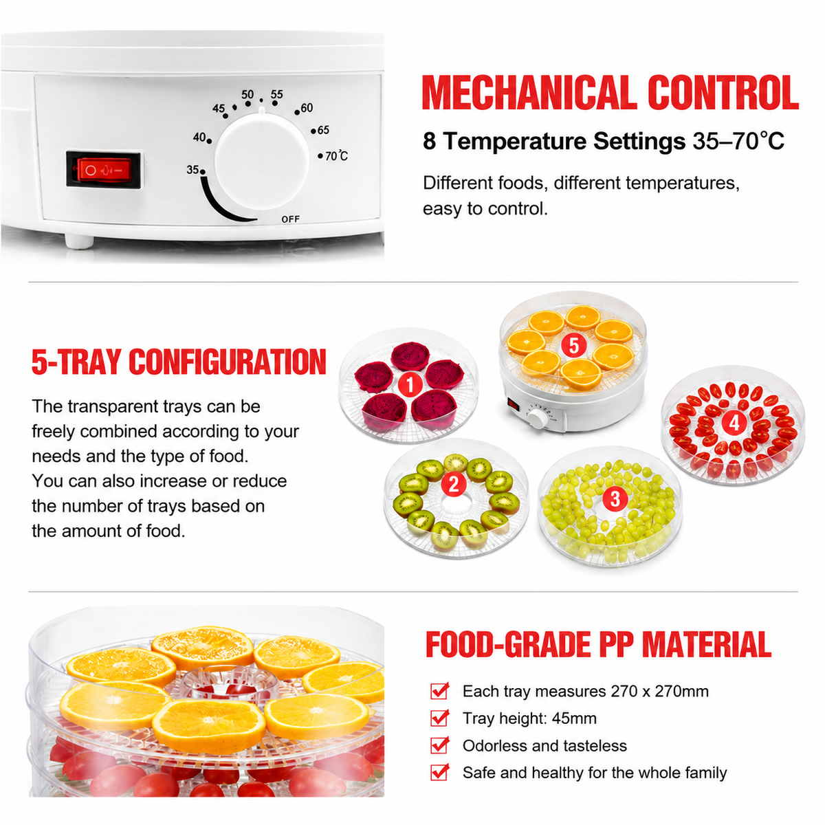 White 5 Tier Large Capacity Food Dehydrator and Healthy Snack Maker - Electric Fruit Vegetable Meat Jerky Dryer with 35-70℃ Adjustable Temp and All Round Hot Air Fast Dehydration