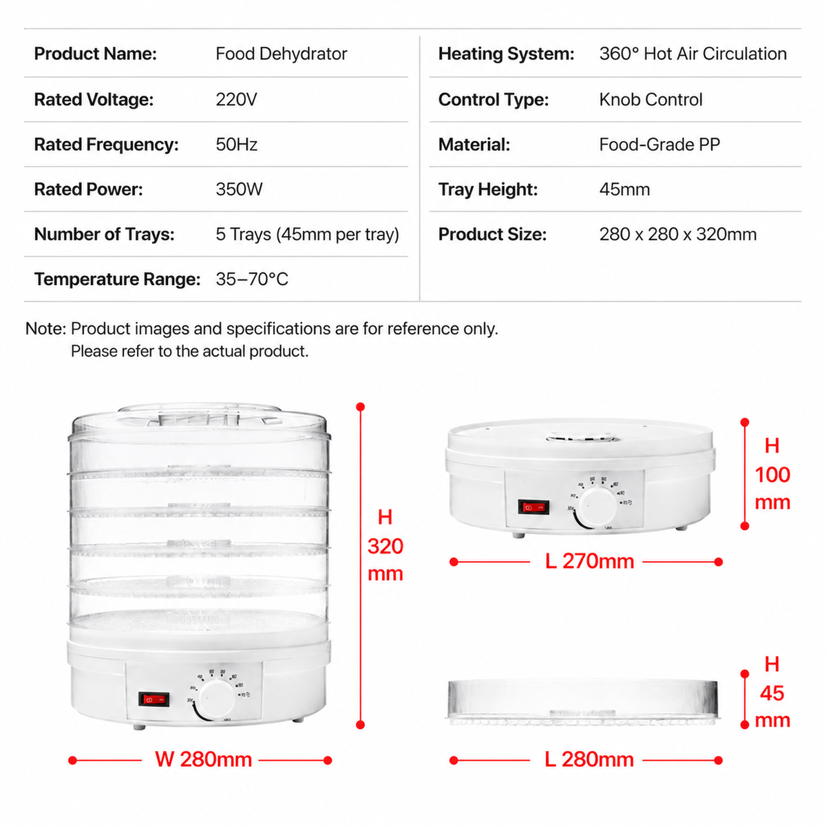 White 5 Tier Large Capacity Food Dehydrator and Healthy Snack Maker - Electric Fruit Vegetable Meat Jerky Dryer with 35-70℃ Adjustable Temp and All Round Hot Air Fast Dehydration