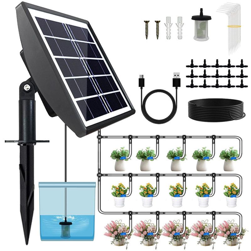 Solar Powered Automatic Irrigation System with Digital Control Panel & Timer - Weatherproof Durable Drip and Sprinkler Watering Tool Kit for Indoor and Outdoor Use
