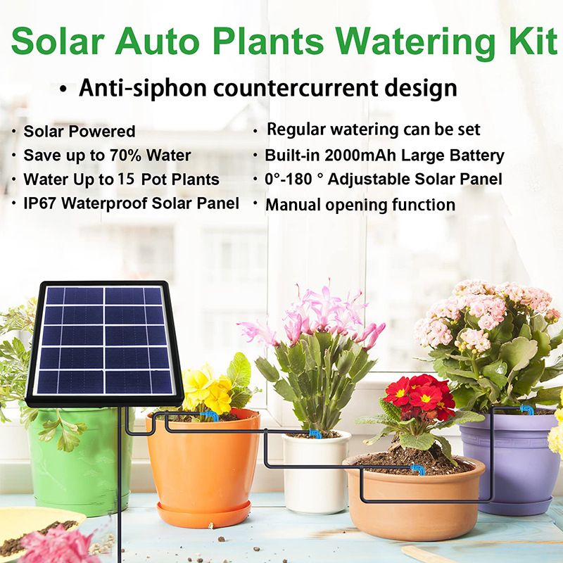 Solar Powered Automatic Irrigation System with Digital Control Panel & Timer - Weatherproof Durable Drip and Sprinkler Watering Tool Kit for Indoor and Outdoor Use