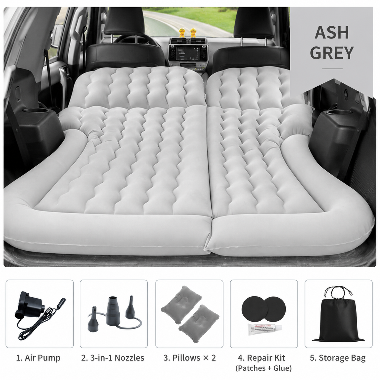 Grey Large Inflatable Universal Car Air Mattress with 2 Pillows, Pump and Storage Bag - Dual Zone Split Bed Soft Flocked Camping Travel Bed Integrated Head / Backrest Buffer for SUV MPV Long drives