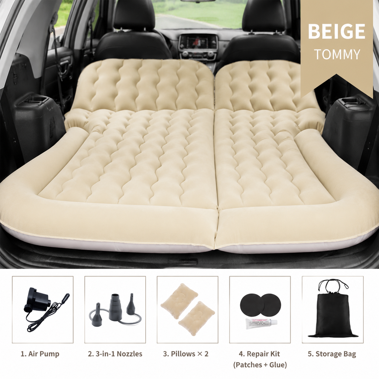 Beige Large Inflatable Universal Car Air Mattress with 2 Pillows, Pump and Storage Bag - Dual Zone Split Bed Soft Flocked Camping Travel Bed Integrated Head / Backrest Buffer for SUV MPV Long drives