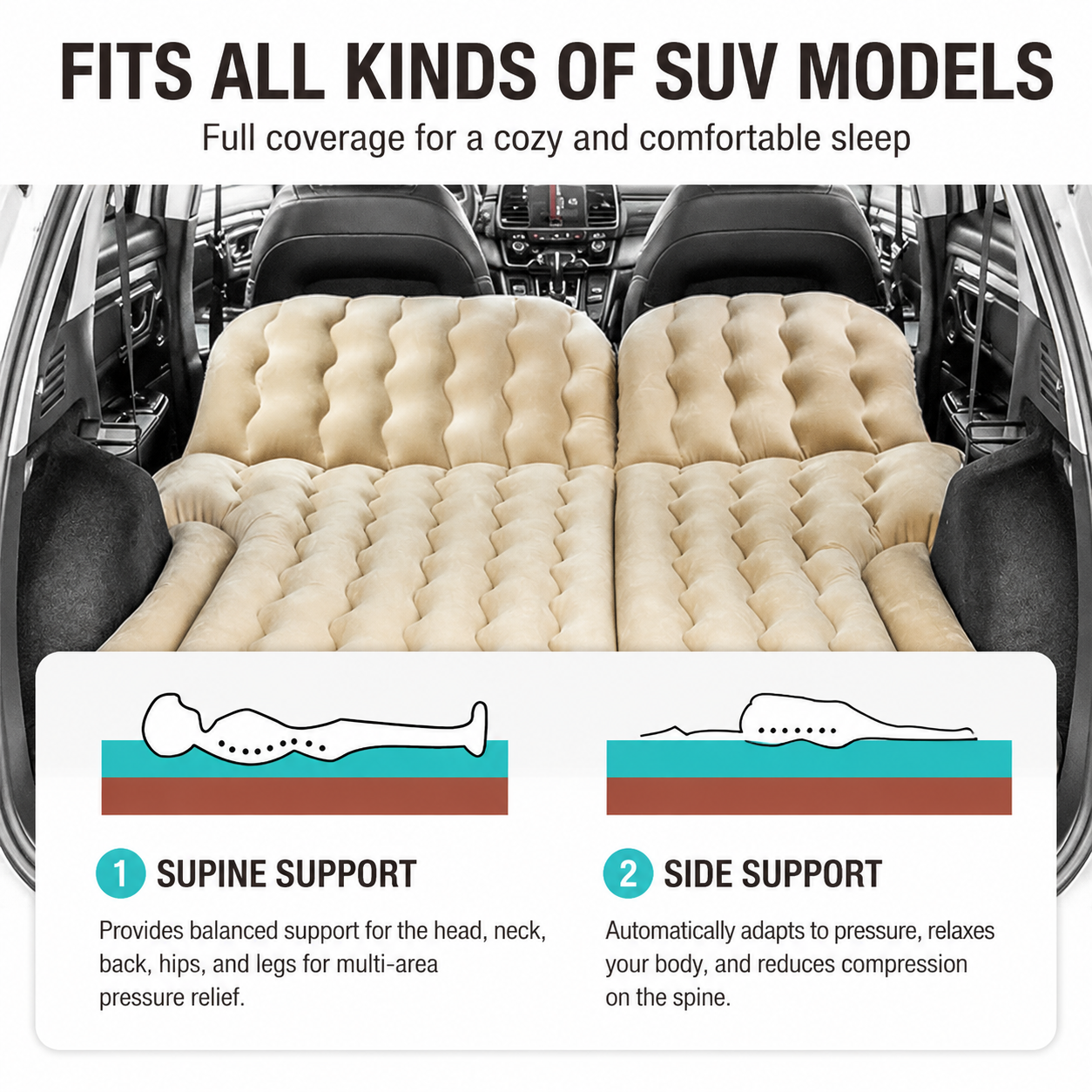 Beige Large Inflatable Universal Car Air Mattress with 2 Pillows, Pump and Storage Bag - Dual Zone Split Bed Soft Flocked Camping Travel Bed Integrated Head / Backrest Buffer for SUV MPV Long drives