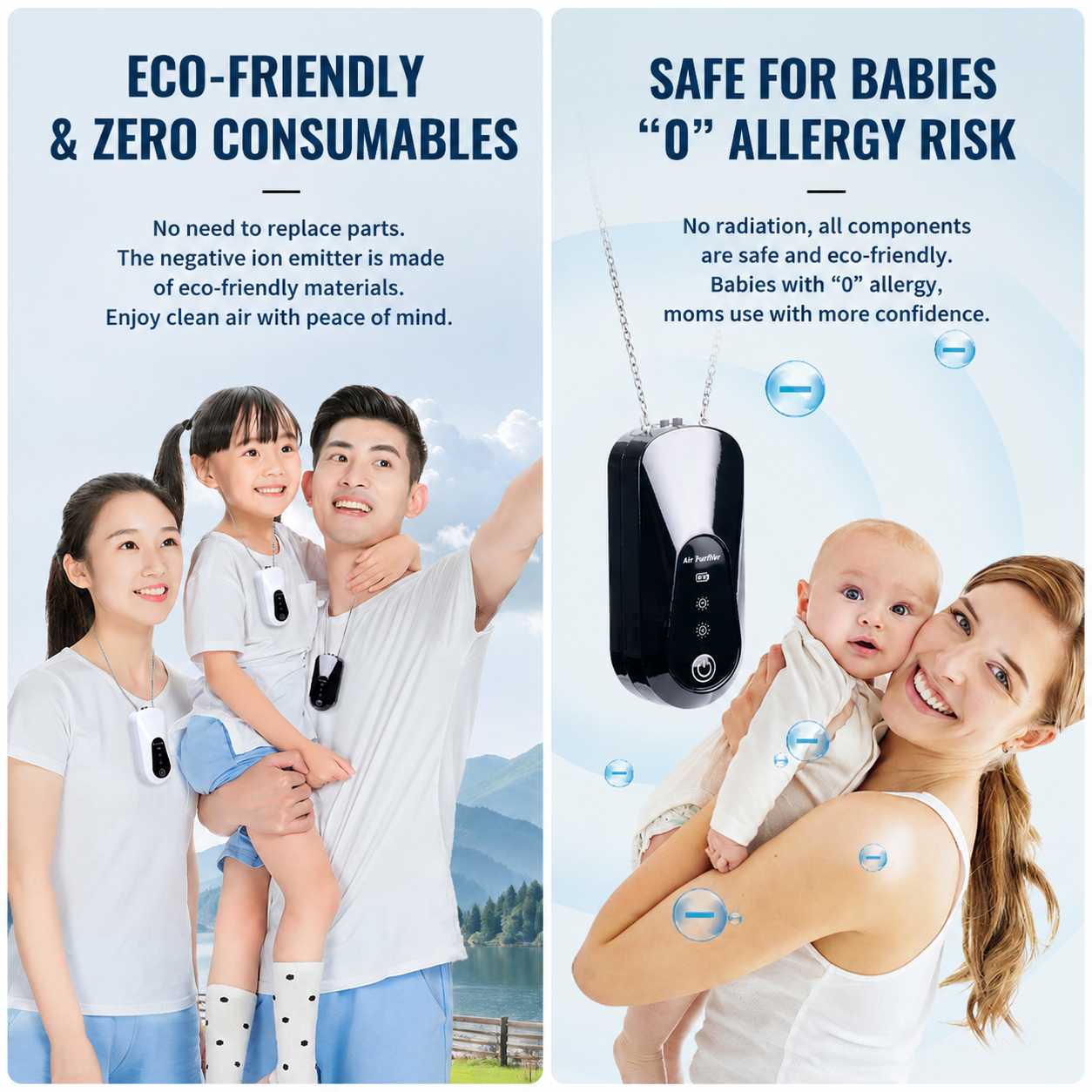 2PCS Black Wearable Air Purifier Necklace with 2 Adjustable Modes - Portable Mini Negative Ion Purifier, Filterless Zero Consumables, Type C Charging and Long Battery Life