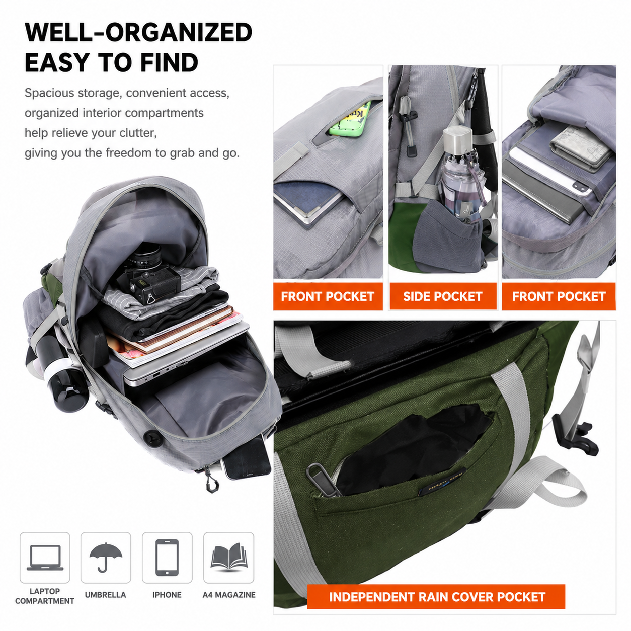 40L Yellow Lightweight Outdoor Hiking Backpack with Detachable Suspended Frame & Rain Cover - Waterproof Travel Daypack, Multi-Pocket Storage and Gear Attachments for Trekking Camping Cycling Adventures