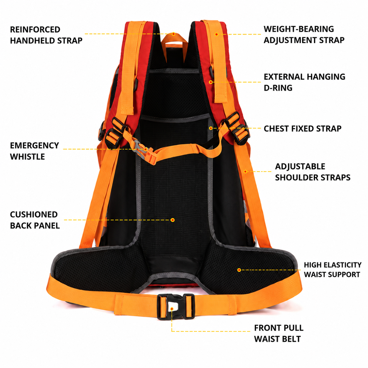 40L Yellow Lightweight Outdoor Hiking Backpack with Detachable Suspended Frame & Rain Cover - Waterproof Travel Daypack, Multi-Pocket Storage and Gear Attachments for Trekking Camping Cycling Adventures