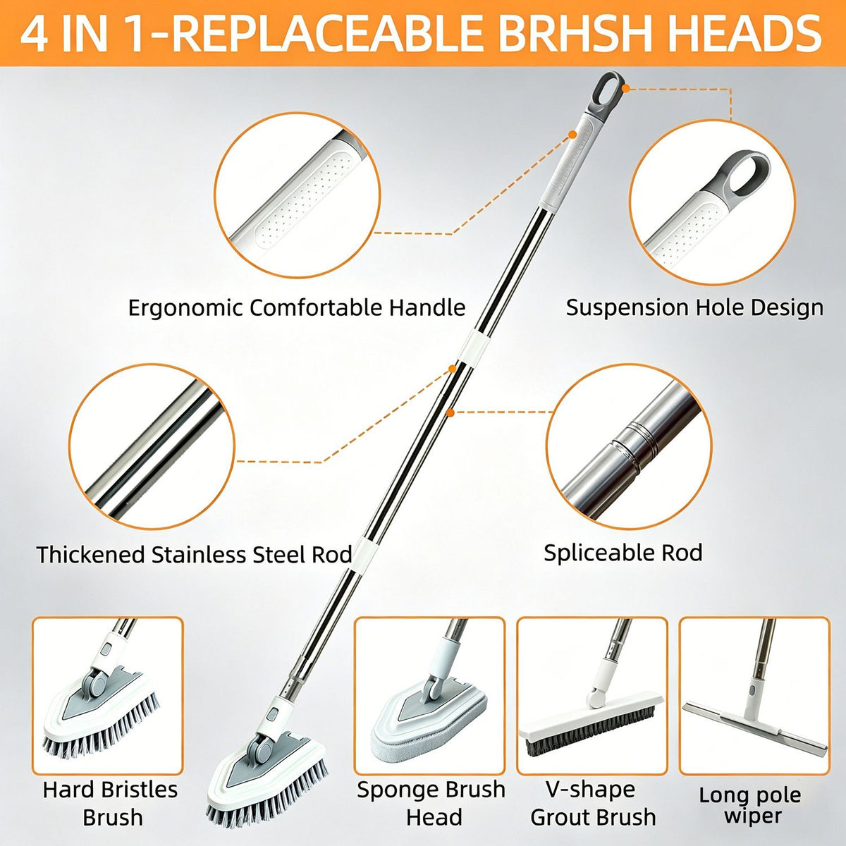 4-in-1 Bathroom Cleaning Brush Set with Sponge Pad, Hard Bristle / V-Shape Grout Brush and Squeegee - 120CM Extendable Stainless Steel Handle, Adjustable & Lockable Angle for Floor, Gap, Window and Bathtub