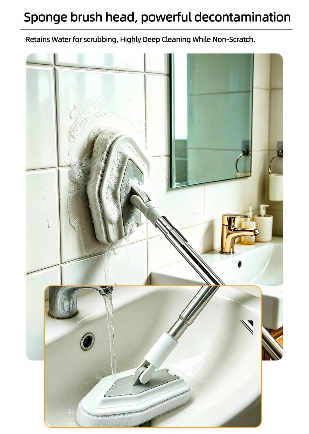 4-in-1 Bathroom Cleaning Brush Set with Sponge Pad, Hard Bristle / V-Shape Grout Brush and Squeegee - 120CM Extendable Stainless Steel Handle, Adjustable & Lockable Angle for Floor, Gap, Window and Bathtub