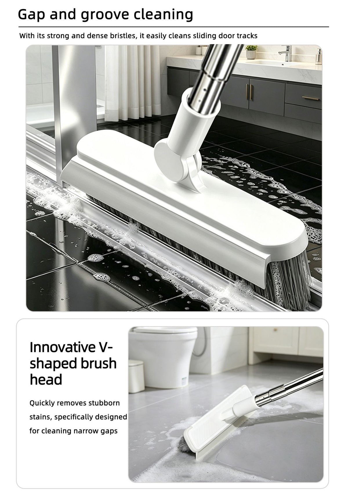 4-in-1 Bathroom Cleaning Brush Set with Sponge Pad, Hard Bristle / V-Shape Grout Brush and Squeegee - 120CM Extendable Stainless Steel Handle, Adjustable & Lockable Angle for Floor, Gap, Window and Bathtub