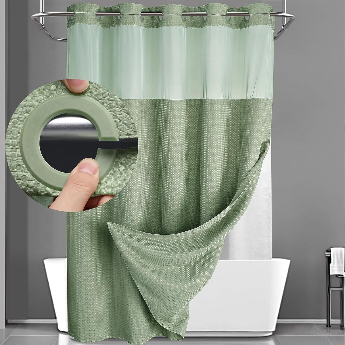 Green Hook Free Waffle Weave Shower Curtain (71 x 75