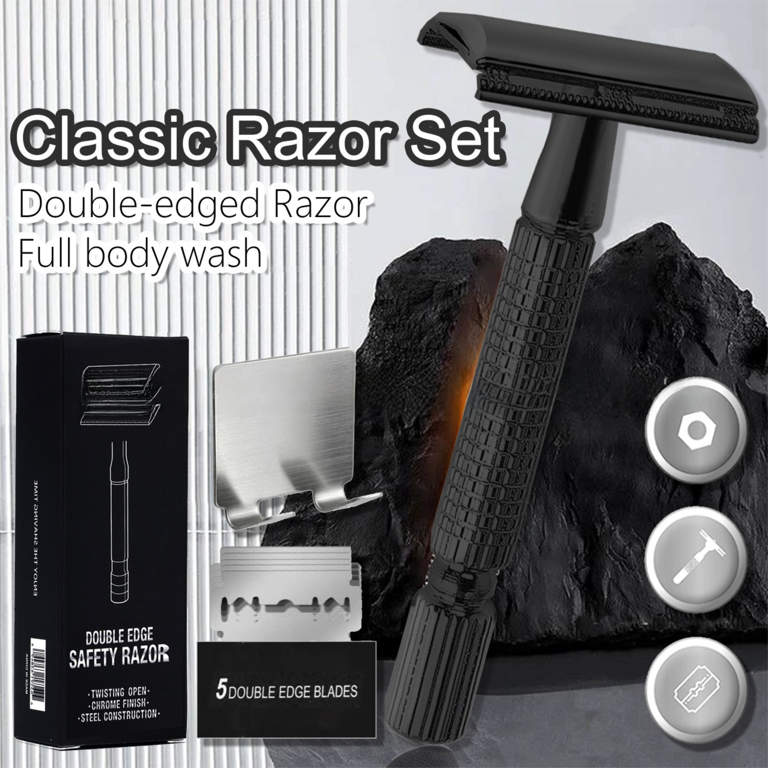 Black Classic Double Edge Safety Razor Set - Vintage Metal Manual Shaving Razor with Stainless Steel Holder & 5 Replacement Blades