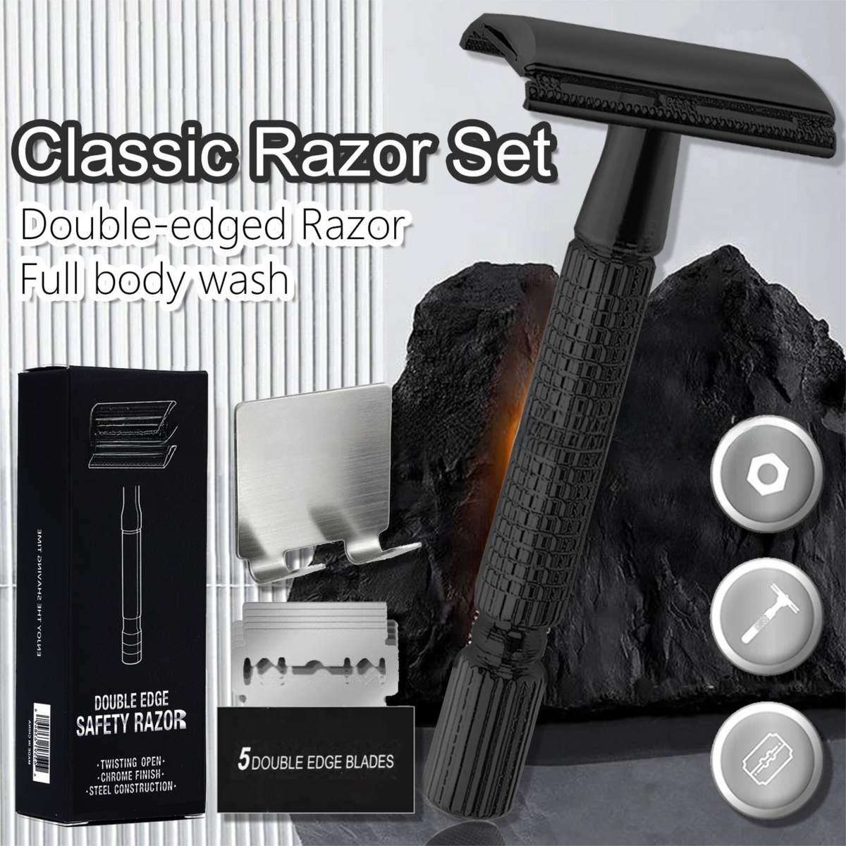 Black Classic Double Edge Safety Razor Set - Vintage Metal Manual Shaving Razor with Stainless Steel Holder & 5 Replacement Blades