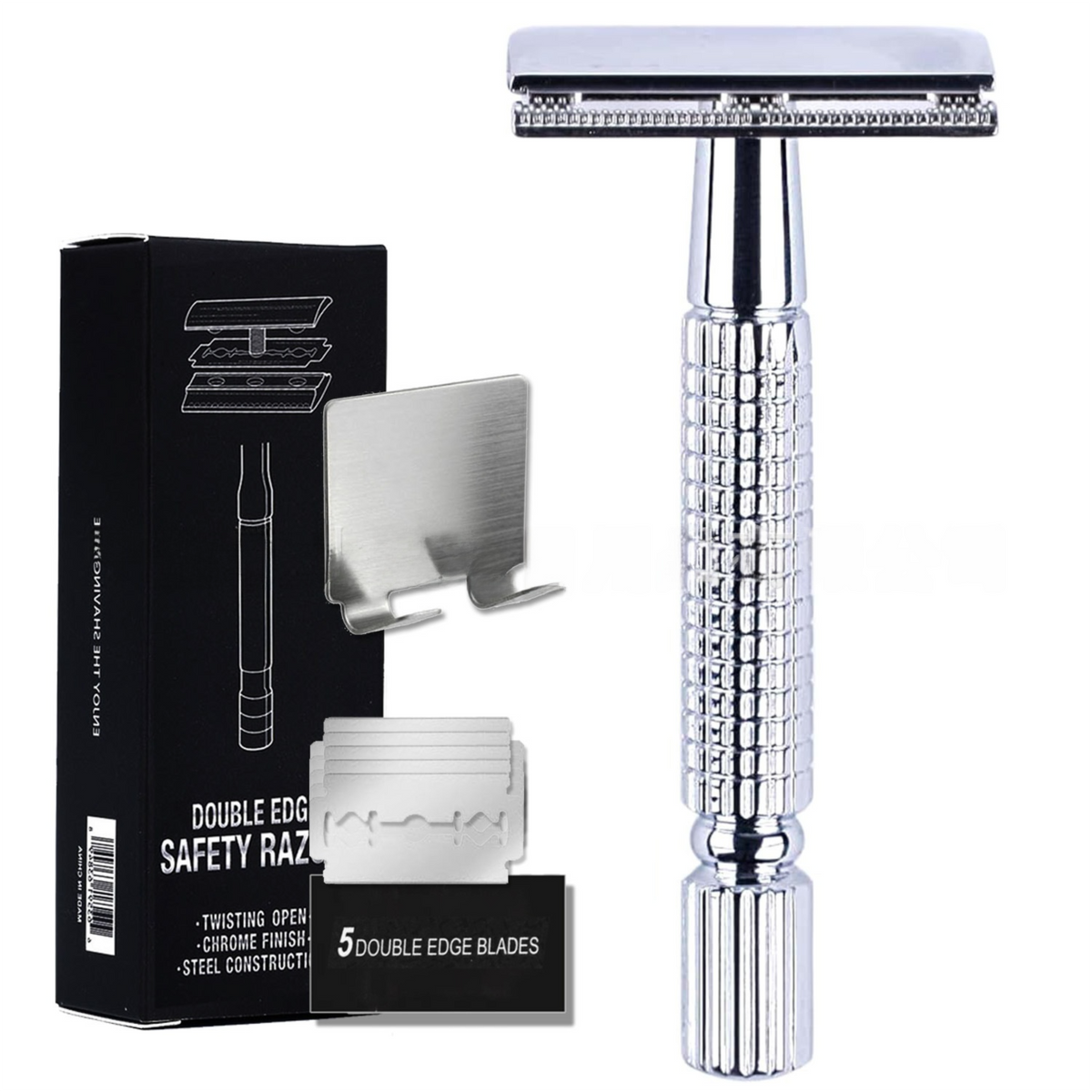 Silver Classic Double Edge Safety Razor Set - Vintage Metal Manual Shaving Razor with Stainless Steel Holder & 5 Replacement Blades