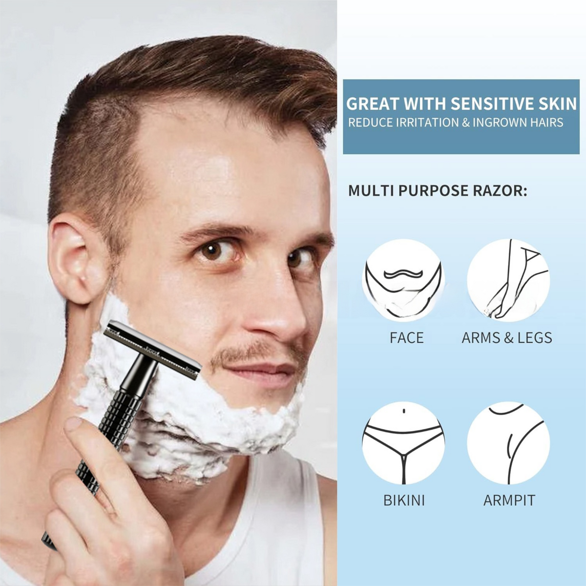 Silver Classic Double Edge Safety Razor Set - Vintage Metal Manual Shaving Razor with Stainless Steel Holder & 5 Replacement Blades