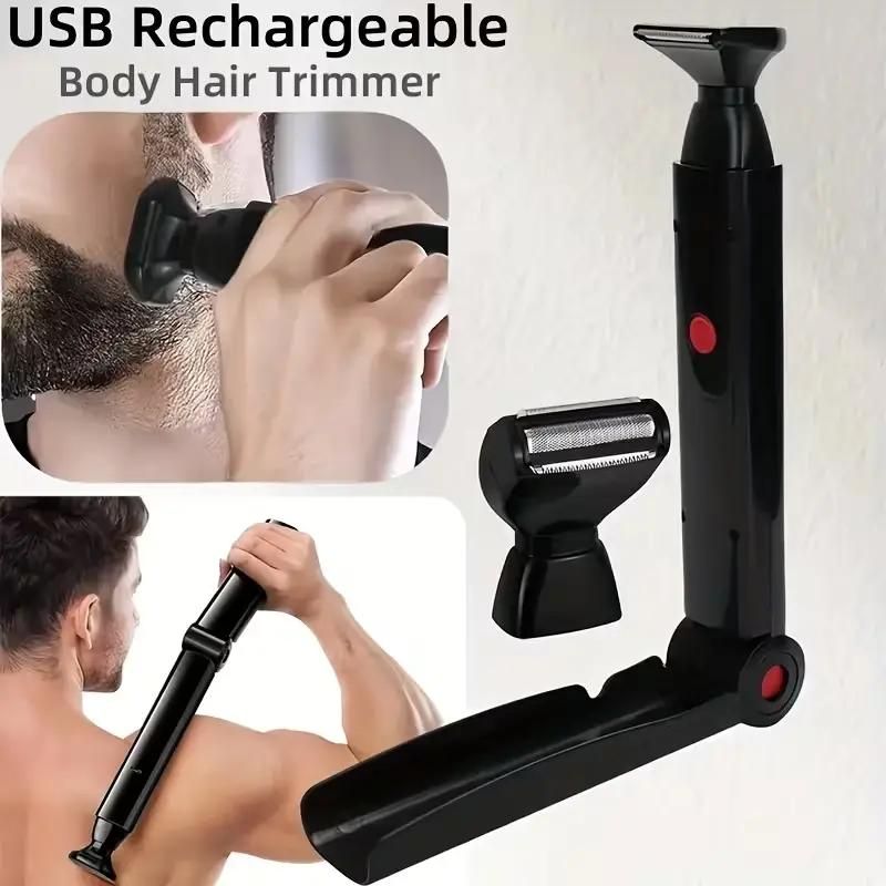 Black Men's Electric Back Shaver & Body Hair Trimmer - USB Rechargable 180° Foldable Long Handle Hair Groomer with 2 Detachable Stainless Steel Heads and Locking Button