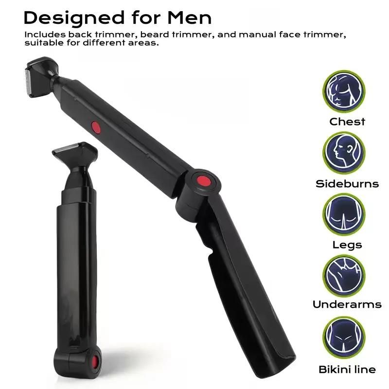 Black Men's Electric Back Shaver & Body Hair Trimmer - USB Rechargable 180° Foldable Long Handle Hair Groomer with 2 Detachable Stainless Steel Heads and Locking Button