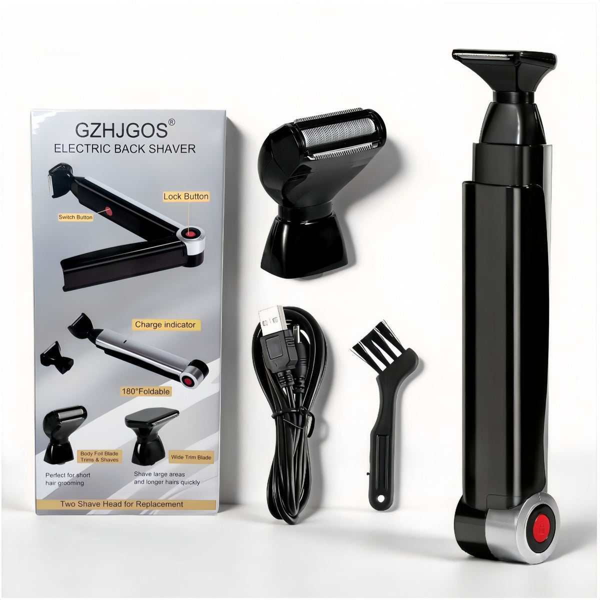 Black and Silver Men's Electric Back Shaver & Body Hair Trimmer - USB Rechargable 180° Foldable Long Handle Hair Groomer with 2 Detachable Stainless Steel Heads and Locking Button