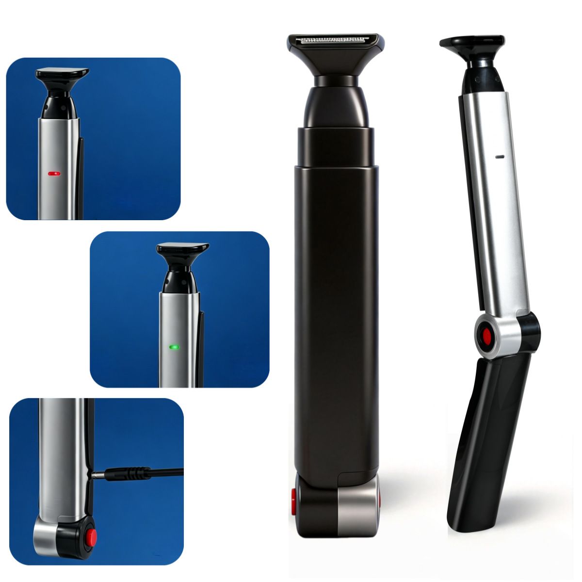Black and Silver Men's Electric Back Shaver & Body Hair Trimmer - USB Rechargable 180° Foldable Long Handle Hair Groomer with 2 Detachable Stainless Steel Heads and Locking Button