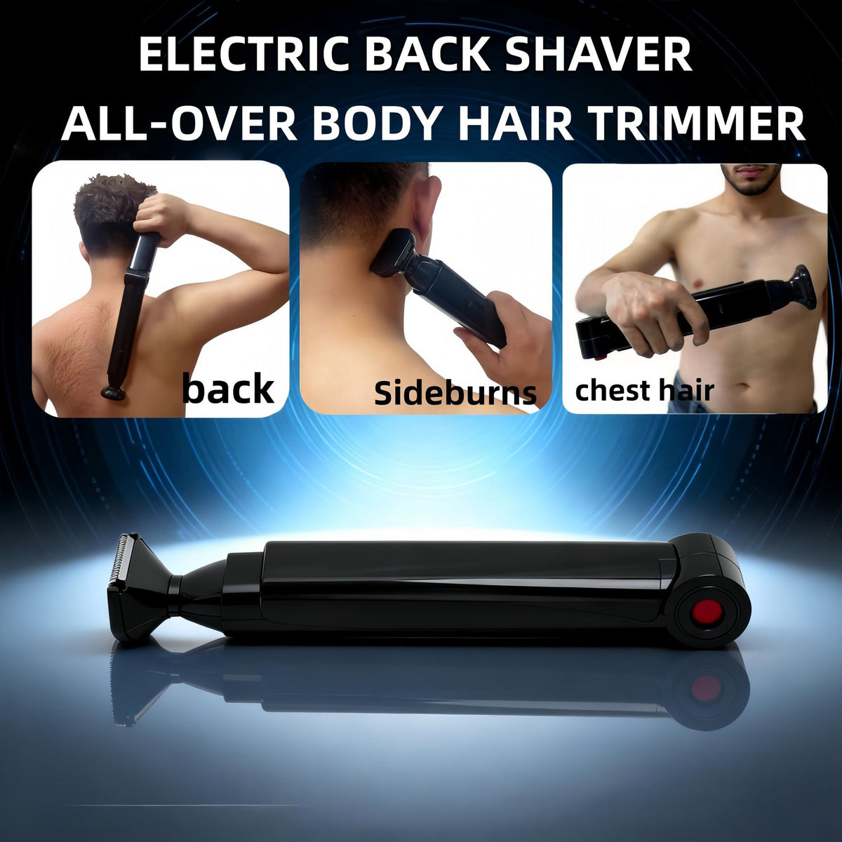Black and Silver Men's Electric Back Shaver & Body Hair Trimmer - USB Rechargable 180° Foldable Long Handle Hair Groomer with 2 Detachable Stainless Steel Heads and Locking Button