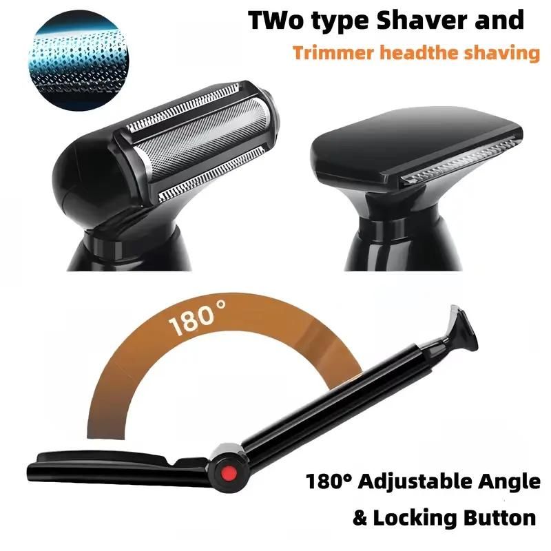 Black and Silver Men's Electric Back Shaver & Body Hair Trimmer - USB Rechargable 180° Foldable Long Handle Hair Groomer with 2 Detachable Stainless Steel Heads and Locking Button