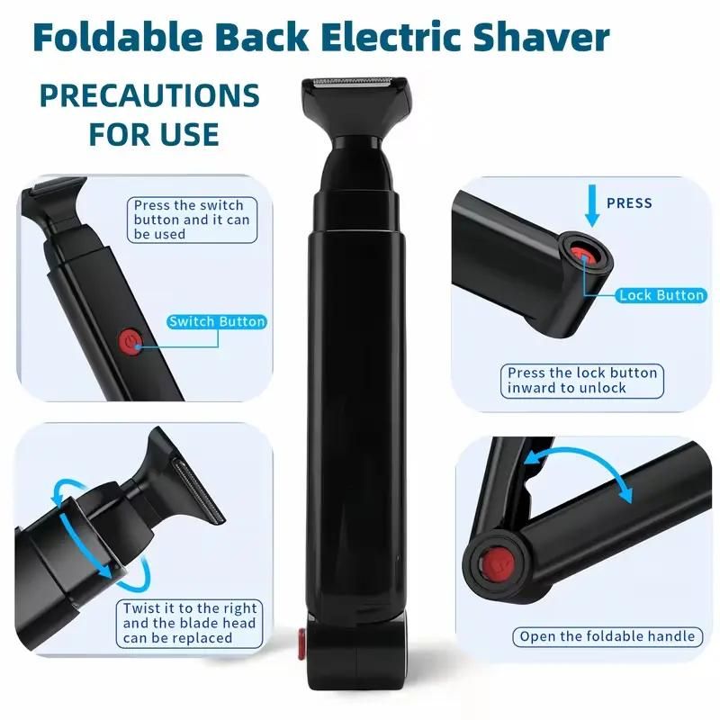 Black and Silver Men's Electric Back Shaver & Body Hair Trimmer - USB Rechargable 180° Foldable Long Handle Hair Groomer with 2 Detachable Stainless Steel Heads and Locking Button