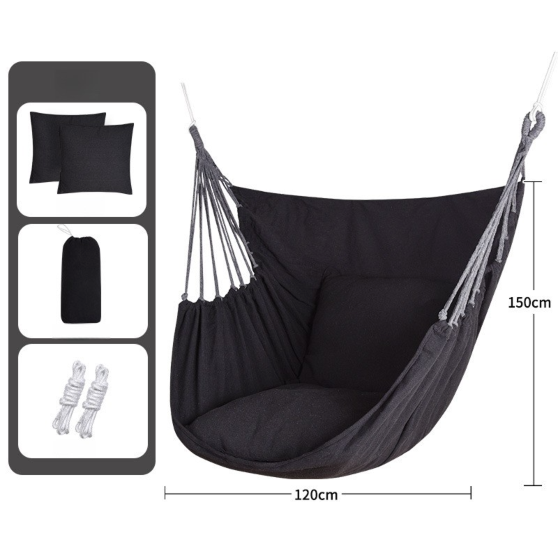 Black Hanging Swing Chair Hammock with 2 Pillows, 300g/m² Canvas, 150kg Cap.