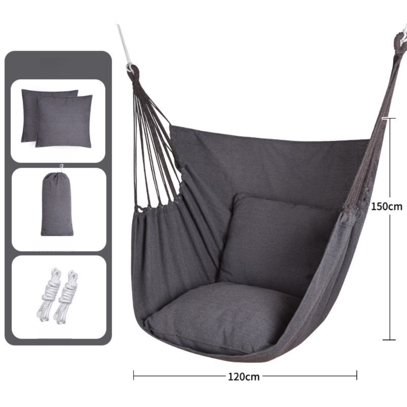 Grey Hanging Swing Chair Hammock with 2 Pillows, 300g/m² Canvas, 150kg Cap.