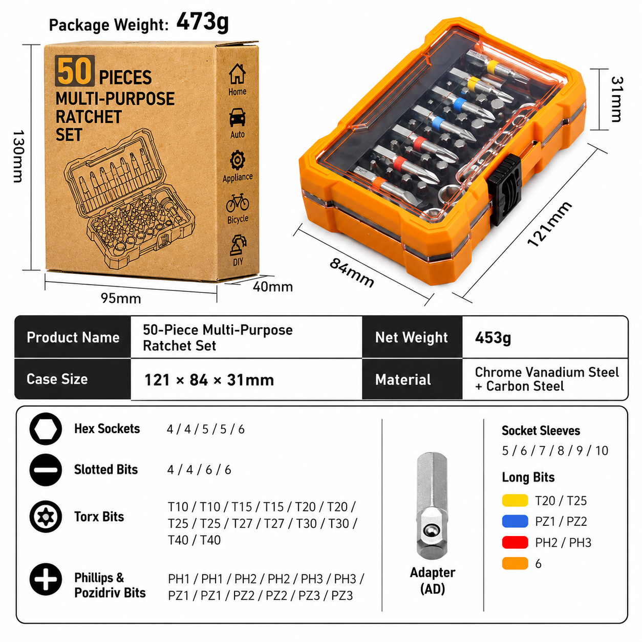 50-Piece Precision Screwdriver & Bit Set, CR-V Steel, Magnetic Bit Holder