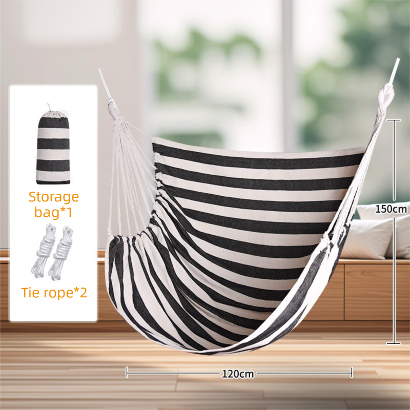 Black White Stripes Hanging Swing Chair Hammock, 300g/m² Canvas, 150kg Cap.