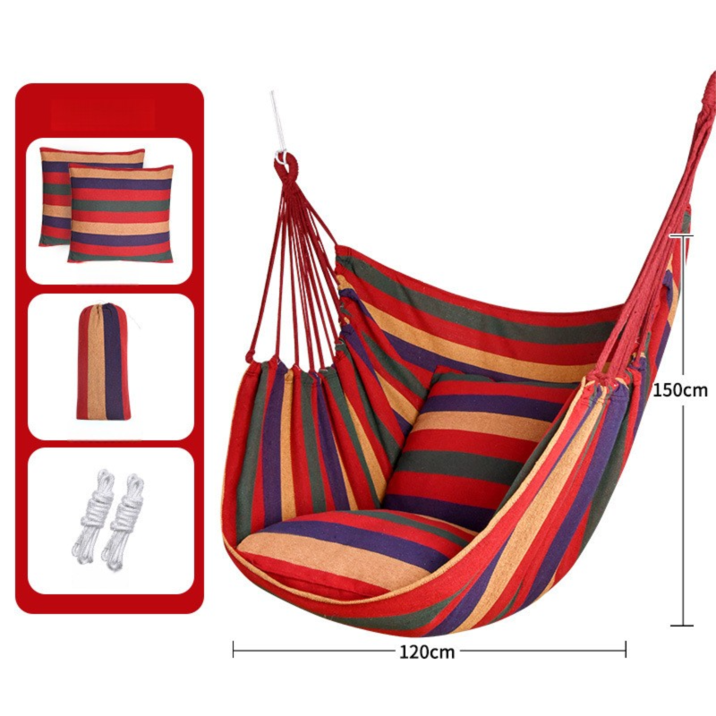 Red Stripes Hanging Swing Chair Hammock with 2 Pillows, Canvas, 150kg Cap.