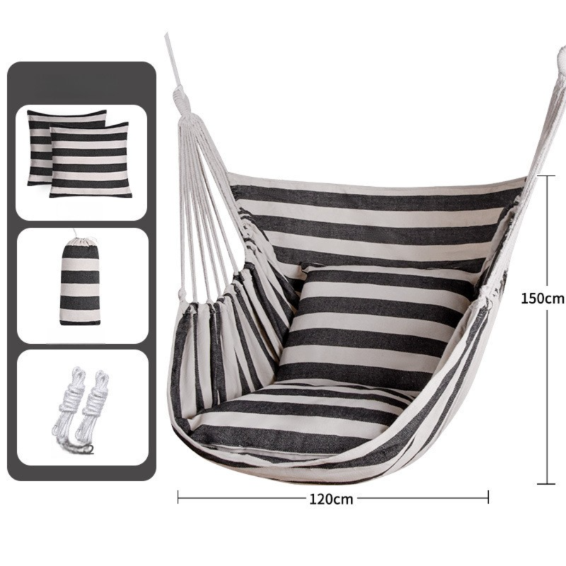 Black White Stripes Hammock Chair with 2 Pillows, 300g/m² Canvas, 150kg Cap.