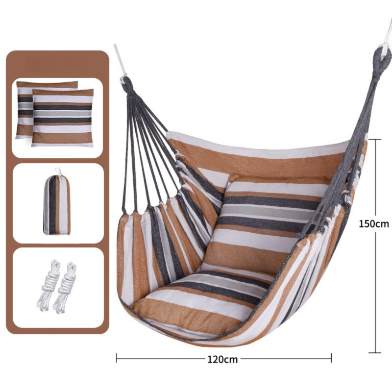 Khaki Stripes Hanging Swing Chair Hammock with 2 Pillows, Canvas, 150kg Cap.