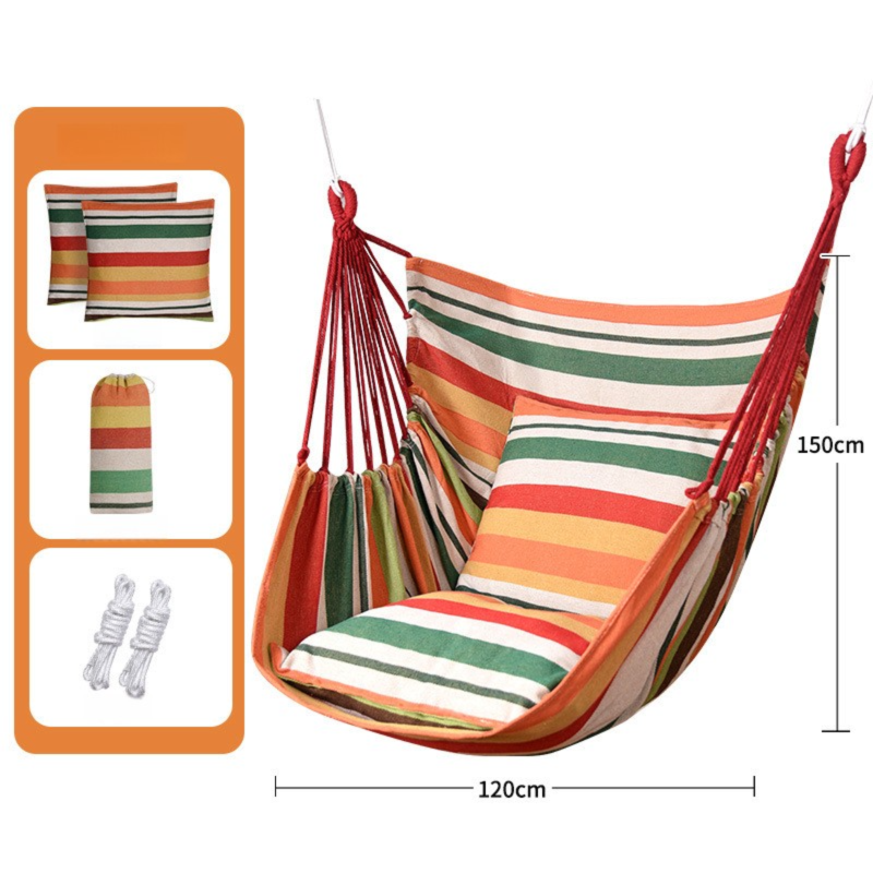Orange Stripes Hanging Swing Chair Hammock with 2 Pillows, Canvas, 150kg Cap.