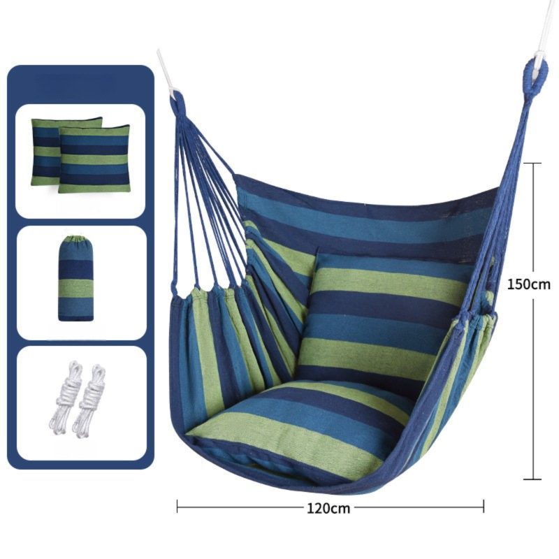 Blue Green Stripes Hammock Chair with 2 Pillows, 300g/m² Canvas, 150kg Cap.