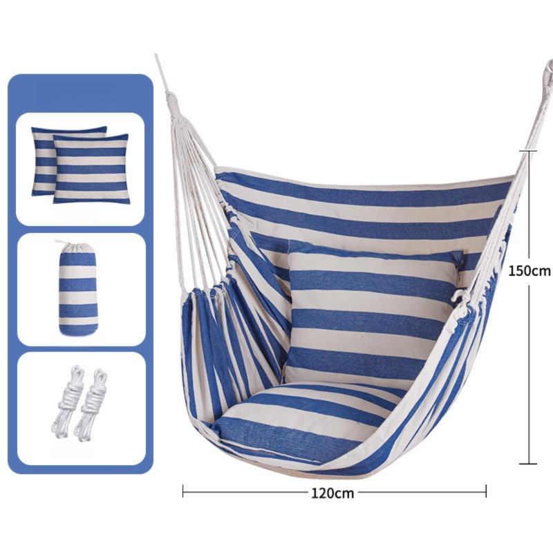 Blue White Stripes Hammock Chair with 2 Pillows, 300g/m² Canvas, 150kg Cap.