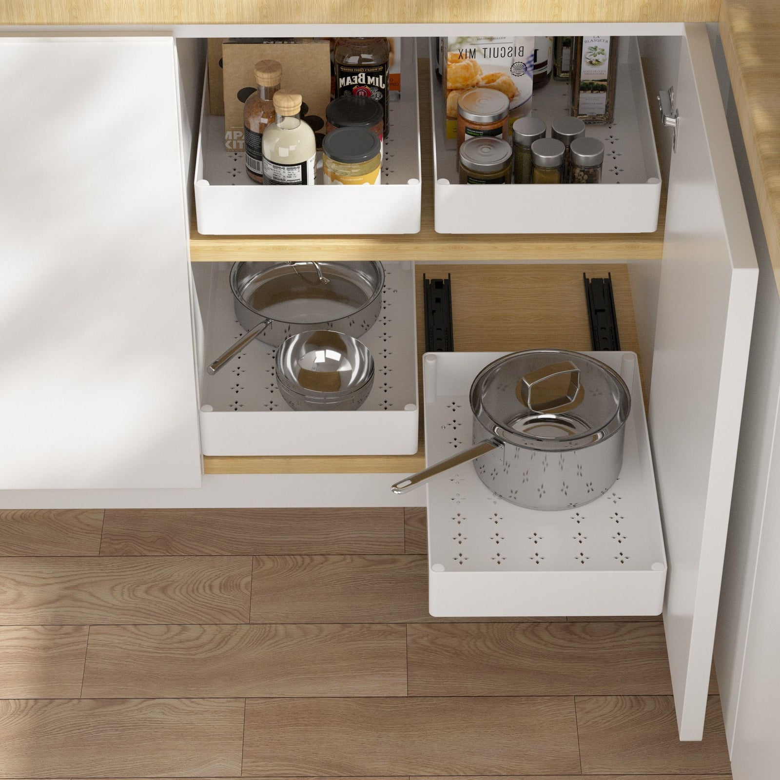 3 Pieces White Extended Pull Out Cabinet Organizer Set (Small + Medium + Large Tray) - Slide Out Drawer Shelves & Base Cabinet Storage Trays for Kitchen Spices, Bowls, and Cookware