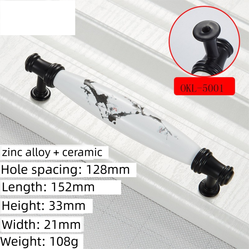 2 Pack Ceramic & Matte Black Zinc Alloy Cabinet Handle (Hole Spacing 128MM) - Vintage Ink Plum Blossom Style for Drawers and Cupboards, OKL-5001
