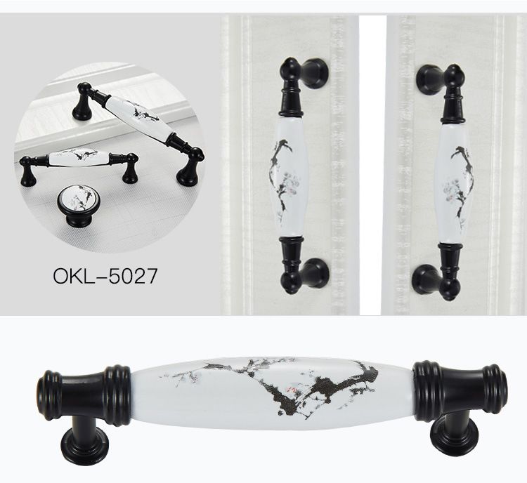 2 Pack Ceramic & Matte Black Zinc Alloy Cabinet Handle (Hole Spacing 96MM) - Vintage Ink Plum Blossom Style for Drawers and Cupboards, OKL-5005