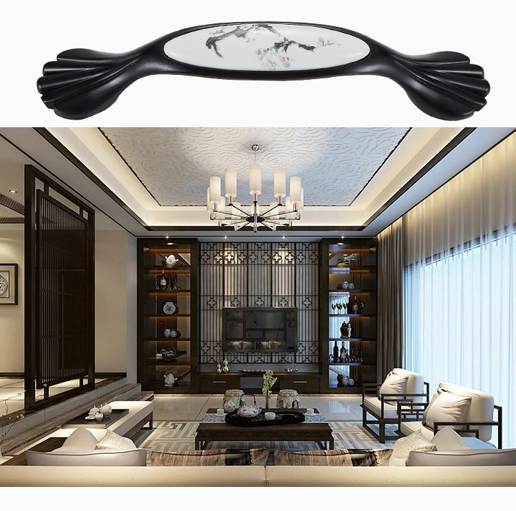 2 Pack Ceramic & Matte Black Zinc Alloy Cabinet Handle (Hole Spacing 96MM) - Vintage Ink Plum Blossom Style for Drawers and Cupboards, OKL-5005