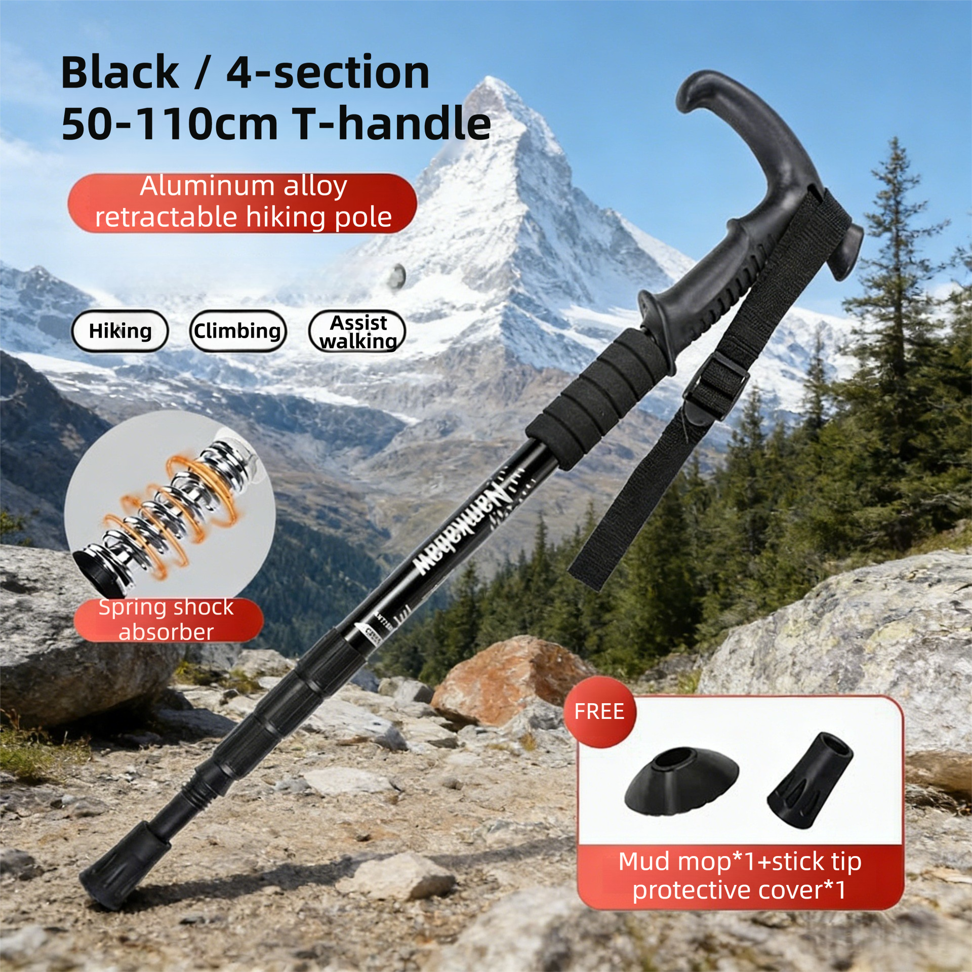 2 Pack Black Lightweight Outdoor Telescopic Aluminum Alloy Trekking Pole (50 to 110cm) - Unisex Anti-Slip Outdoor Walking Stick with Spring Shock Absorption & Ergonomic T-Handle, Free Mud Mop and Tip Cover