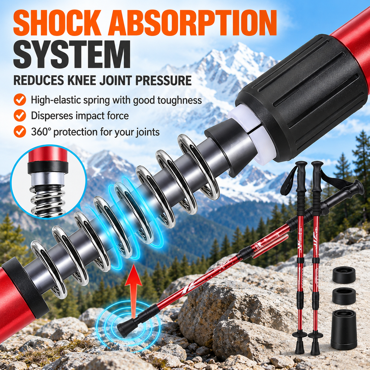 2 Pack Blue Lightweight Outdoor Telescopic Aluminum Alloy Trekking Pole (50 to 110cm) - Unisex Anti-Slip Outdoor Walking Stick with Spring Shock Absorption & Ergonomic T-Handle, Free Mud Mop and Tip Cover